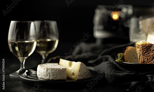 Une assiette de fromage et du pain avec des verres de vin