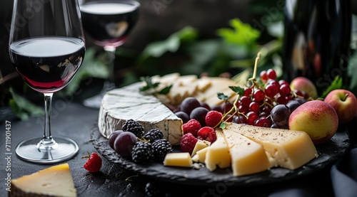 Une assiette de fromage et fruits rouges avec des verres de vin photo