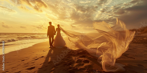 Lovely, romantic couple walking on sunset beach, enjoying evening light, relaxing on tropical summer vacation. Honeymoon. Woman wearing maxi dress.