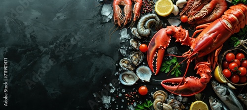 Assortiment de fruits de mer sur un fond noir en ardoise, image avec espace pour texte photo