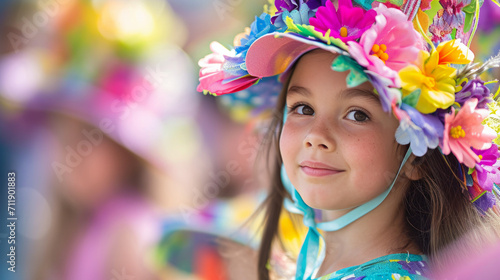 Blooming Beauty, A Delightful Little Girl Showing Off Her Vibrant Floral Hat