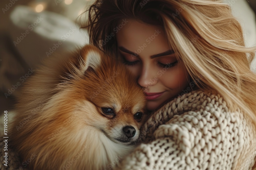 A loving woman embraces her loyal companion, a furry brown dog, with a gentle human face, under the warm glow of the outdoor sun, reminiscent of a fox's wild spirit, as they share a heartfelt bond li A loving woman embraces her loyal companion, a furry brown dog, with a gentle human face, under the warm glow of the outdoor sun, reminiscent of a fox's wild spirit, as they share a heartfelt bond li