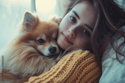 A content woman lounges with her beloved pomeranian by her side, their human faces mirroring each other's peaceful expressions in the cozy indoor setting