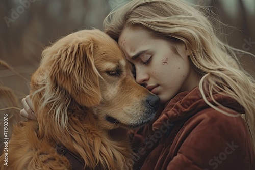 A woman closes her eyes in bliss as she shares a loving kiss with her loyal golden retriever, their bond strengthened by the warm sun and lush outdoor scenery © AiAgency