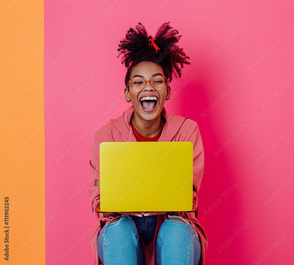 Winning pose and smile. Young woman cheering in front of computer screen. Success. Winning pose and smile. Young woman cheering in front of computer screen. Success.