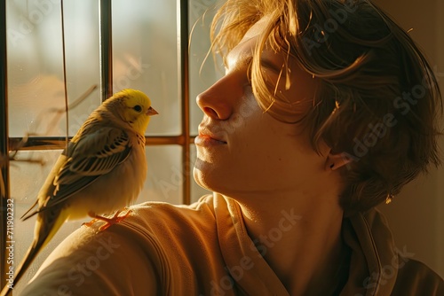 A man sits inside, his human face serene as a vibrant yellow parrot perches on his shoulder, framed by the window behind him and watched by a curious woman © AiAgency