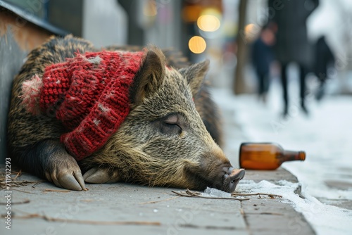 A contented swine takes a break from rooting in the dirt, donning a hat and sipping from a bottle on the bustling city streets photo
