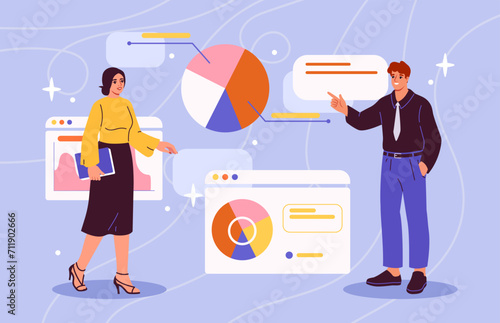 Analyzing graphs concept. Man and woman near charts and diagrams. Infograhics and data visualization. Managers with statistics. Analysts marketing research. Cartoon flat vector illustration