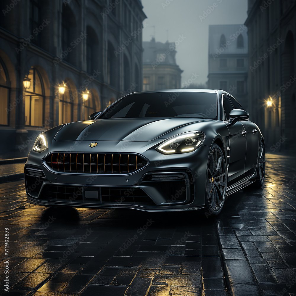 Fancy Expensive Car on a Dark Background. Stylish Gray Car with Modern Design. Clean and Shiny Look with Detailed Front View. Ad Banner for Luxury Cars