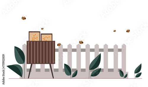 Apiary scene concept. White fence with bee near home. Farming and apiculture. Natural and organic sweet product. Poster or banner. Cartoon flat vector illustration isolated on white background