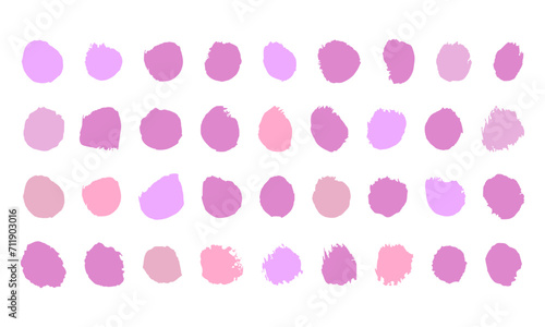 Set of colored decorative spots with semi-dry brush in shape of circles with uneven edges in pink and purple shades. Vector textured background for text.