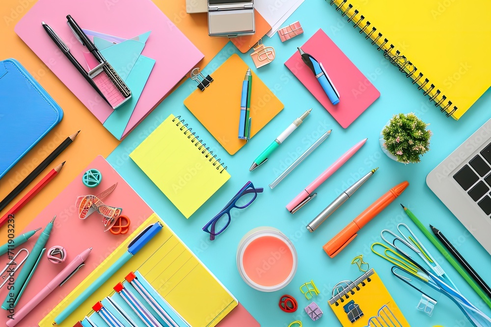 A stylized flat lay of colorful stationery and gadgets on a desk, ideal for showcasing productivity and organization A stylized flat lay of colorful stationery and gadgets on a desk, ideal for showcasing productivity and organization