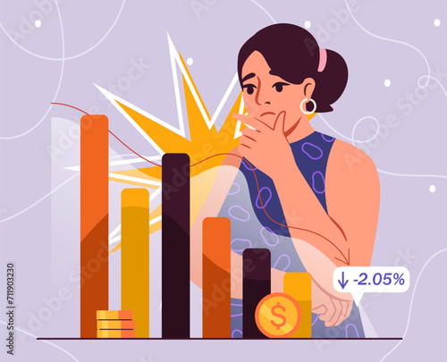 Woman with bankruptcy concept. Young girl look at falling graph. Unsuccessful entrepreneur or investor. Global economic problems, inflation and recession. Cartoon flat vector illustration