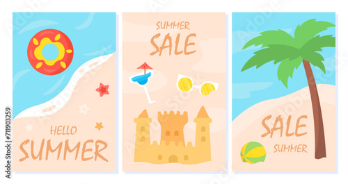 Banners with summer sale set. Promotions and discounts. Coastline and sand beach with castle and palm tree. Tropical and exotic scene. Cartoon flat vector collection isolated on white background