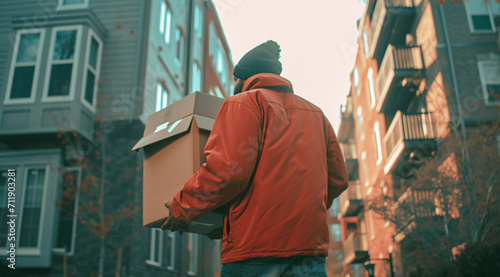 Back view of Delivery man courier delivering cardboard box package in winter.