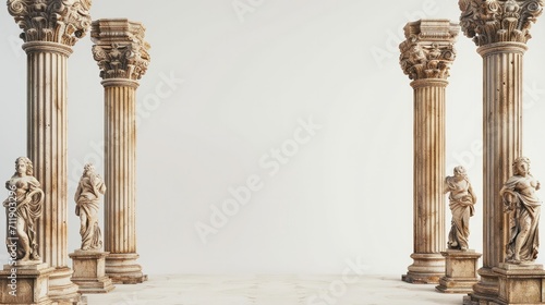 Background for product presentation. Antique columns ans statues on white background photo