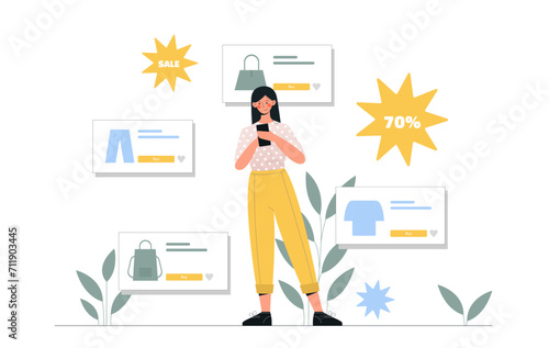 Woman with black friday. Young girl with smartphone look at clothes with sales and discounts, promotions. Electronic commerce and marketing, online shopping. Cartoon flat vector illustration