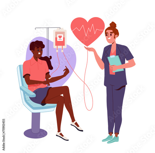 Blood donation concept. Activist and volunteer with doctor and package of plasma. Transfusion for save life and blood recast. Health care and medicine, treatment. Cartoon flat vector illustration