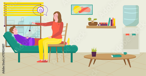 Female therapist with pendulum hypnotizing male patient. Hypnotherapy session in cozy room with plants. Psychology, mental health, and modern therapy vector illustration.
