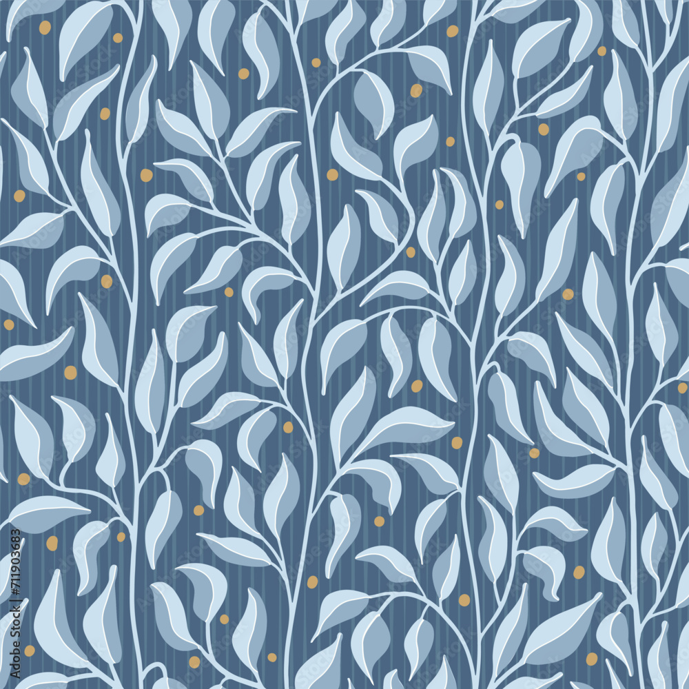 Calming light blue climbing leafy vines seamless vector pattern, great for textile, fabric, packaging