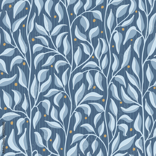 Calming light blue climbing leafy vines seamless vector pattern  great for textile  fabric  packaging