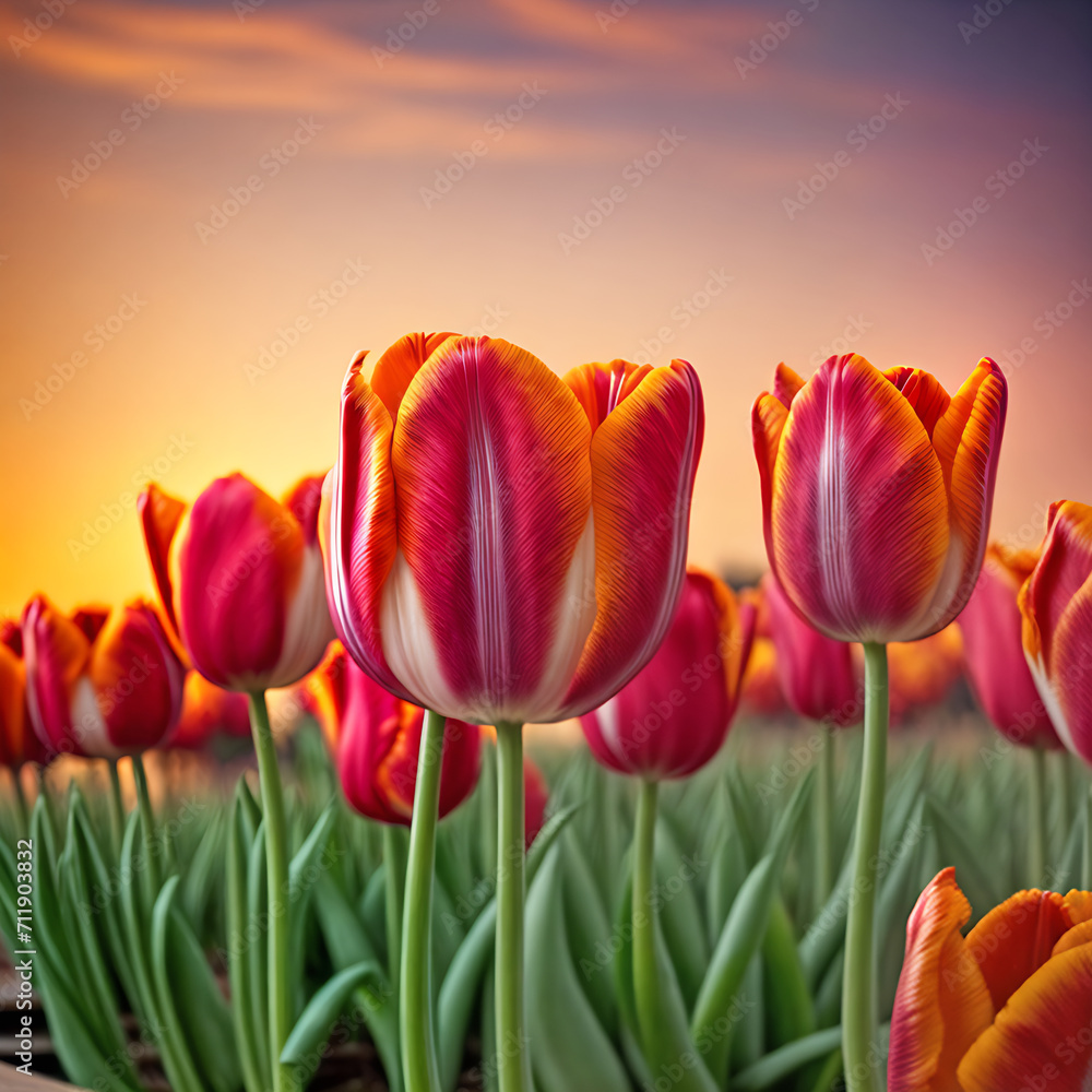 Field of red tulips, bottom view, red sunset