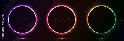 Set of glowing neon color circles round curve shape with wavy dynamic lines isolated on black background technology concept. Circular light frame border for badges, price tag, label cards, logo design