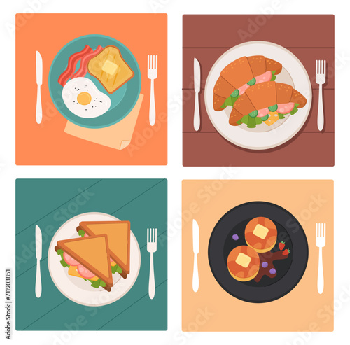 Set of top view breakfasts. Bacon, egg and toast. Sandwiches with vegetables and sausages. Healthy and traditional morning eating. Cartoon flat vector collection isolated on white background