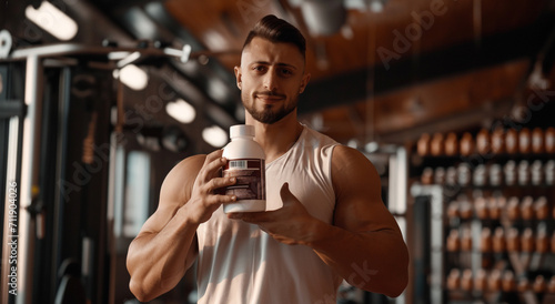 Muscular man holding protein shake in gym. Power Concept.
