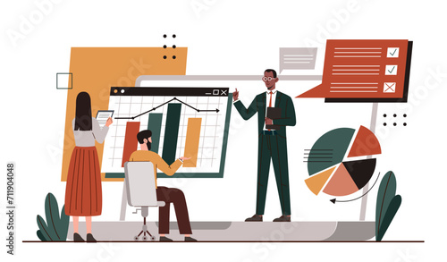Business course graphs concept. Men and woman analyze charts and diagrams. Team of analysts conduct marketing research. Cartoon flat vector illustration isolated on white background