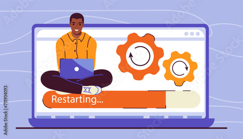 Business restart concept. Man sitting with laptop near red and yellow coghweels. Young guy with idea for start up or project. Cartoon flat vector illustration isolated on blue background