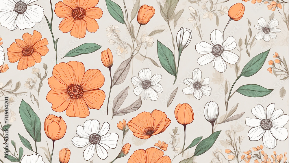 Seamless pattern of spring flowers. Illustrated background. Seamless pattern of spring flowers. Illustrated background.