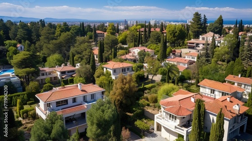 An aerial view of a residential area with many luxury villas surrounded by trees and greenery