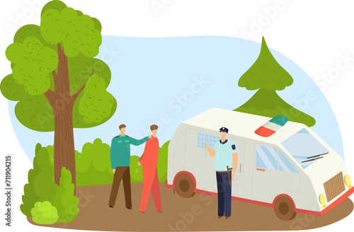 Fototapeta Naklejka Na Ścianę i Meble -  Paramedic guiding patient to ambulance in park, another helping, medical emergency outdoor. Health care, emergency response, ambulance service vector illustration.