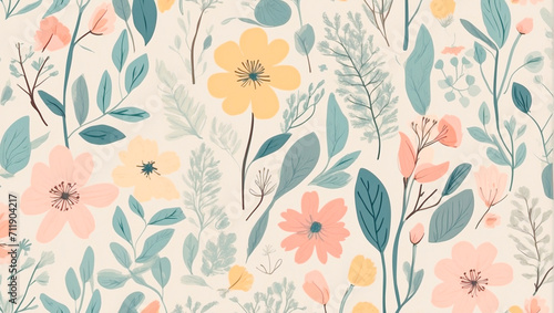 Illustration in pastel tones of spring flowers. Seamless background.