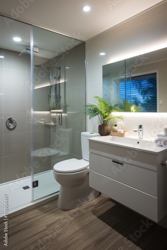 Modern bathroom interior with large shower and vanity