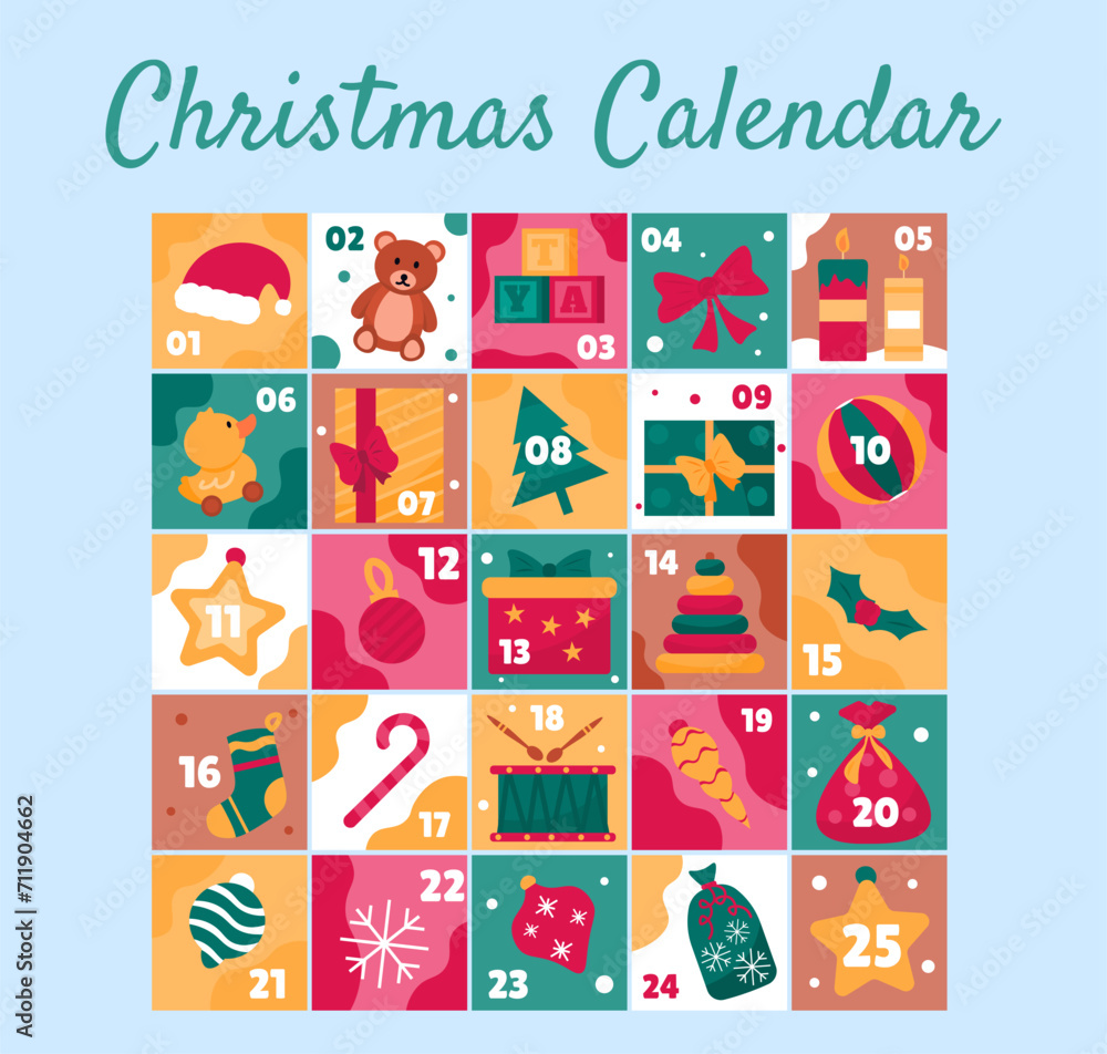 Christmas advent calendar concept. New Year surprises and gifts. Holiday and festival in winter season, Noel Eve. Presents time. Cartoon flat vector illustration isolated on blue background Christmas advent calendar concept. New Year surprises and gifts. Holiday and festival in winter season, Noel Eve. Presents time. Cartoon flat vector illustration isolated on blue background