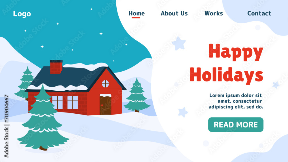 Christmas landing page design. Happy holidays poster. Home near trees and snowdrifts. Winter season scene. New Year and Noel Eve. Natural panorama with building. Cartoon flat vector illustration Christmas landing page design. Happy holidays poster. Home near trees and snowdrifts. Winter season scene. New Year and Noel Eve. Natural panorama with building. Cartoon flat vector illustration