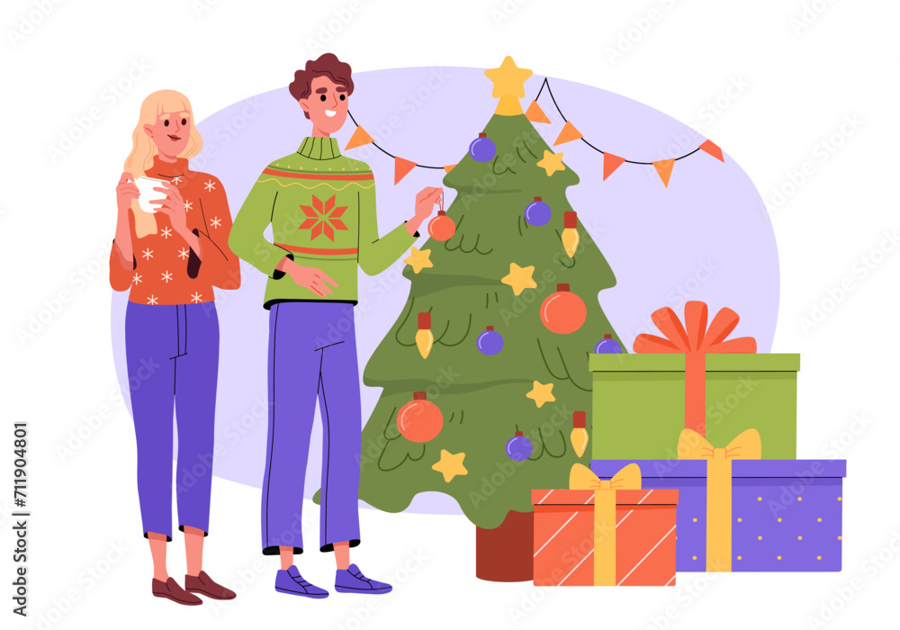 Fototapeta premium Christmas tree decoration concept. Man and woman with toys and gift boxes. New Year and wnter holidays celebration. Young couple in Noel Eve. Comfort and coziness. Cartoon flat vector illustration