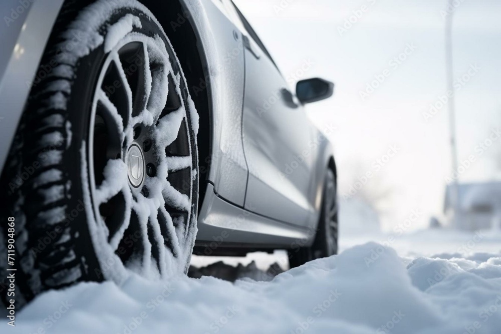 Car wheels trapped in excessive snow, a close-up view after a strong snowfall and snow cyclone. Generative AI