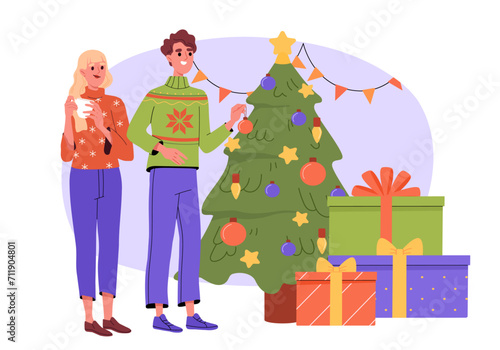 Christmas tree decoration concept. Man and woman with toys and gift boxes. New Year and wnter holidays celebration. Young couple in Noel Eve. Comfort and coziness. Cartoon flat vector illustration photo