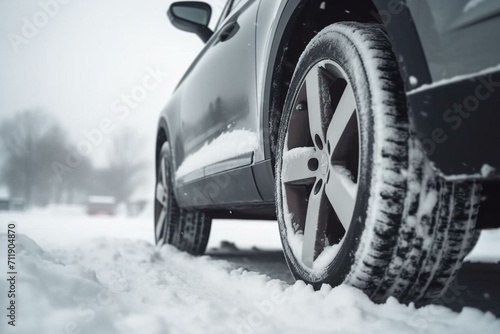 Car wheels trapped in excessive snow, a close-up view after a strong snowfall and snow cyclone. Generative AI © Landon
