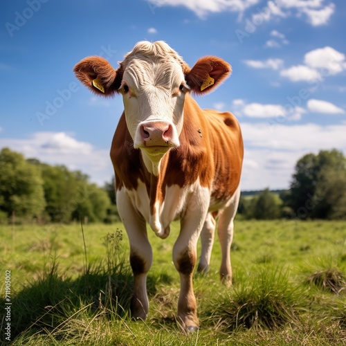 Holstein cow standing on green field looking at camera photo