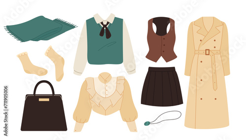 Set of casual clothes. Green and beige sweaters and jackets. Black female bah and socks. Fashion, trend and style. Aesthetics and elegance. Cartoon flat vector collection isolated on white background