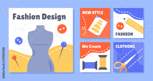 Fashion clothing design posters set. Dummy and mannequin. Equipment for seamstress. Needlework and handicraft. Scissors and button. Cartoon flat vector collection isolated on blue background