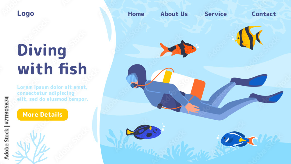 Diving with fish poster. Scubba diver with oxygen near marine dwelllers. Underwater in sea or ocean exploring. Flora and fauna. Landing page design. Cartoon flat vector illustration