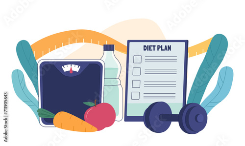 Diet plan concept. Carrot and apple near weights and bottle of water. Active and sportive lifestyle. Nutrition and workout, training. Planning of food. Cartoon flat vector illustration