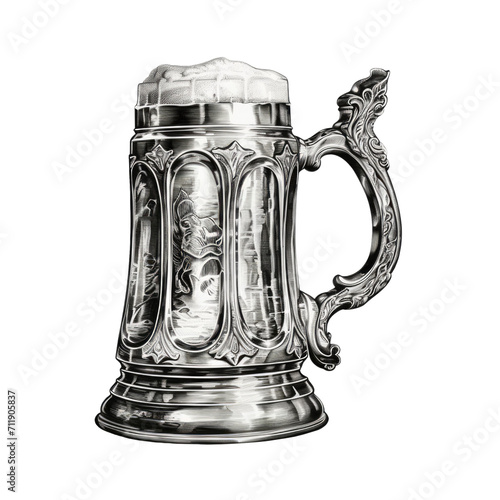 Pencil drawing of a wooden beer mug with realistic textures. Transparent background.