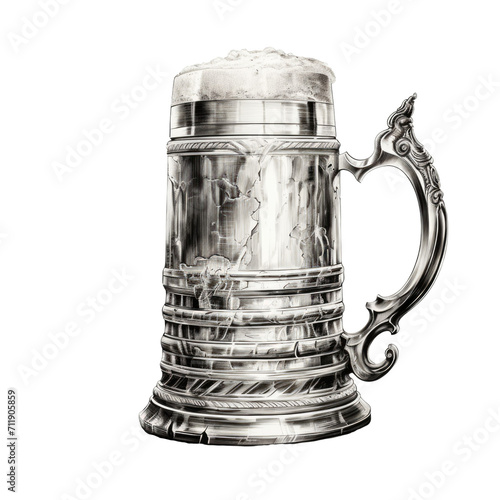 Detailed sketch of a viking frothy beer mug with ornate details. Transparent background.