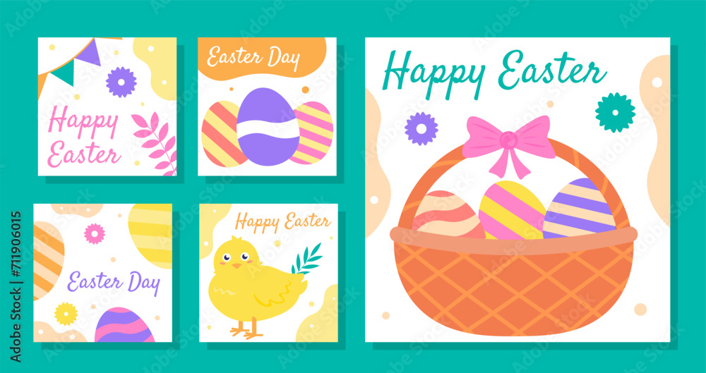 Happy Easter posters set. Basket with colorful eggs and yellow chicken. Traditional religious spring holiday and festival. Cartoon flat vector collection isolated on green background Happy Easter posters set. Basket with colorful eggs and yellow chicken. Traditional religious spring holiday and festival. Cartoon flat vector collection isolated on green background
